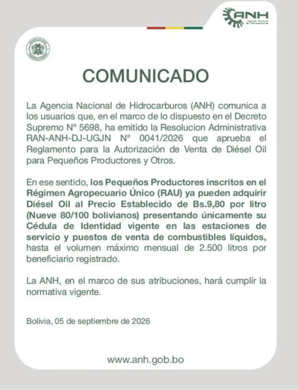 Pequeños productores del RAU accederán a diésel a Bs 9,80 con un límite mensual de 2.500 litros
