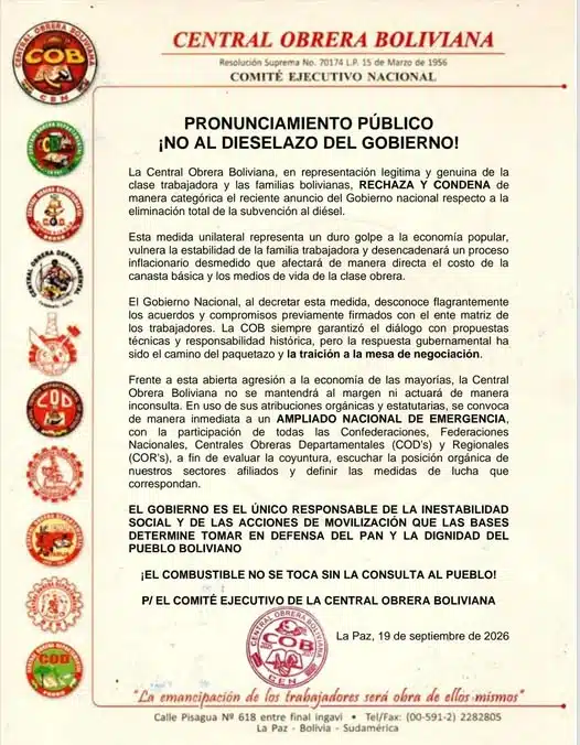 La Central Obrera Boliviana convoca a un ampliado de emergencia contra la eliminación del subsidio al diésel